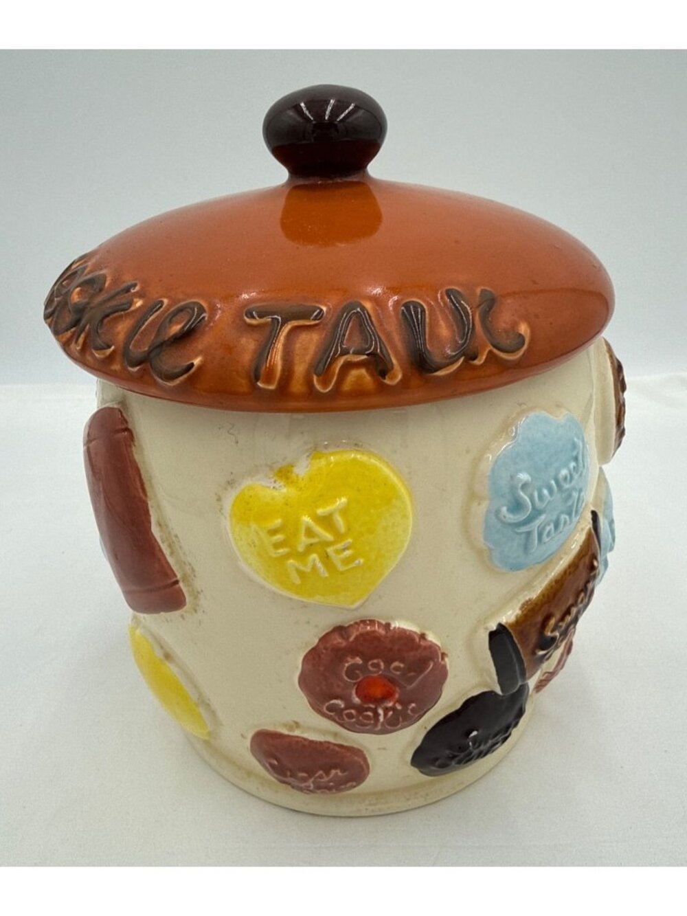 Vintage Ceramic Cookie Jar "Cookie Talk" Lid Retro Design Grandma
